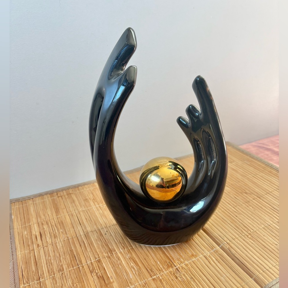 MCM Black Ceramic Sculpture with Gold Orb